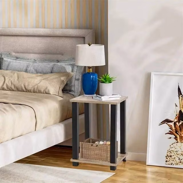 EONLION 2 Tier Side Table with Shelf in Brown Light Walnut