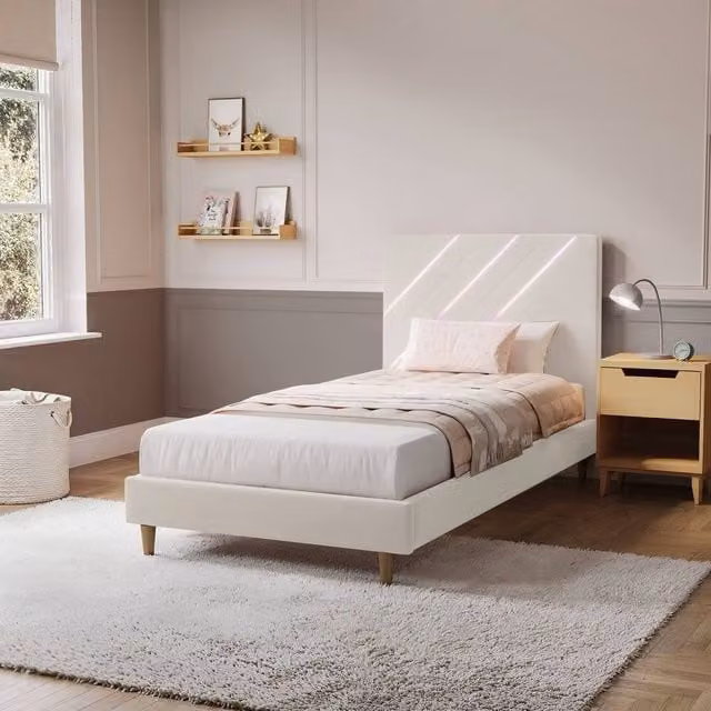X Rocker Lily Single Bed Frame in Ivory Velvet with Under-Bed LED Lighting, W/D/H: 90 x 200 cm