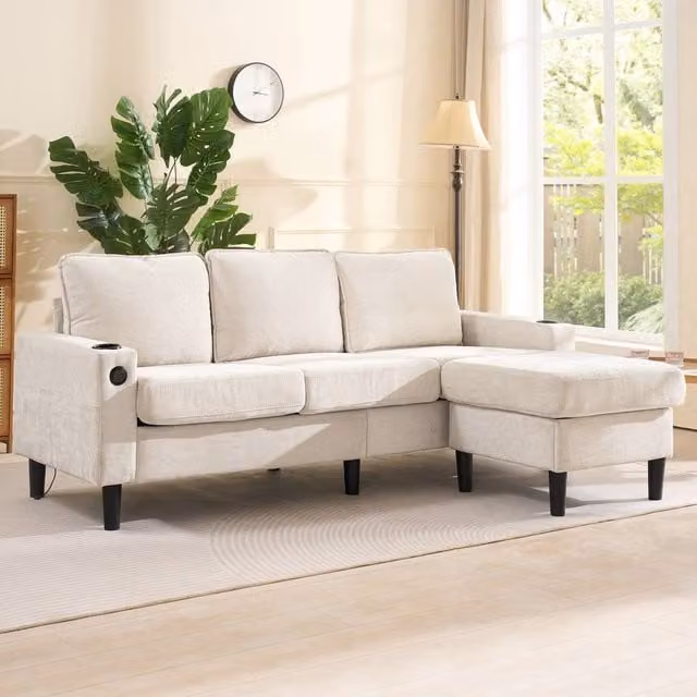 Merax 3-Seater Reversible L-Shape Corner Sofa in Beige with USB Charging Ports and Cup Holders