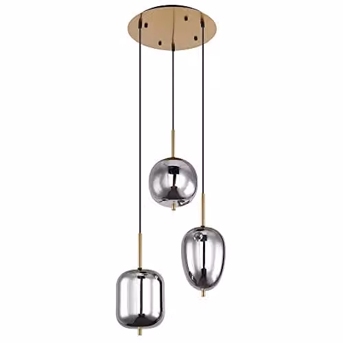 Globo Lighting Blacky 3-Bulb Pendant Light with Smoked Glass Spheres and Brass Details