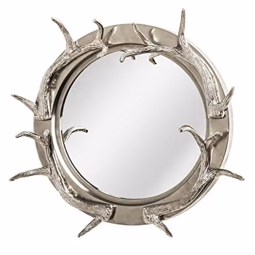 Premier Housewares Round Metal Wall Mirror in Silver with Rustic Abstract Design