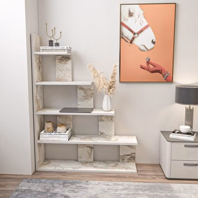 Decorotika Yankee Ladder Bookshelf in White and Grey Marble Effect