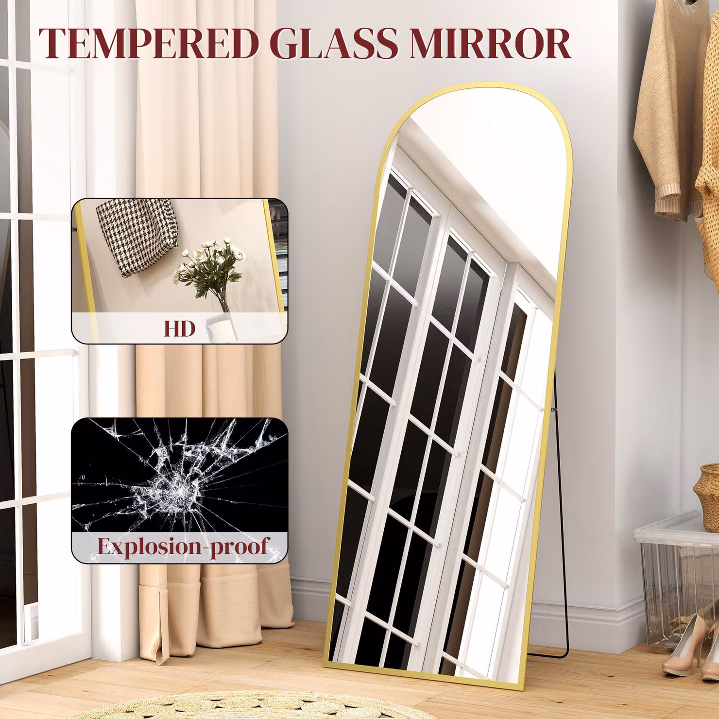 HOMCOM Modern Rectangular Freestanding Standing Mirror with Aluminium Frame, Gold, Height: 165 cm, Width: 60 cm – 5