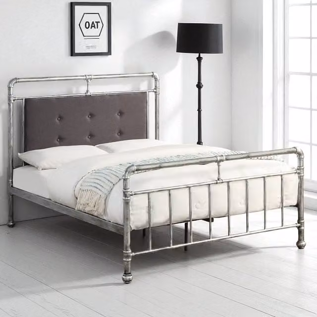 OAT Home Shoreditch Industrial Scaffold Metal Bed Frame with Grey Upholstered Headboard, Distressed Silver, W/D/H: 180 x 163 x 120 cm