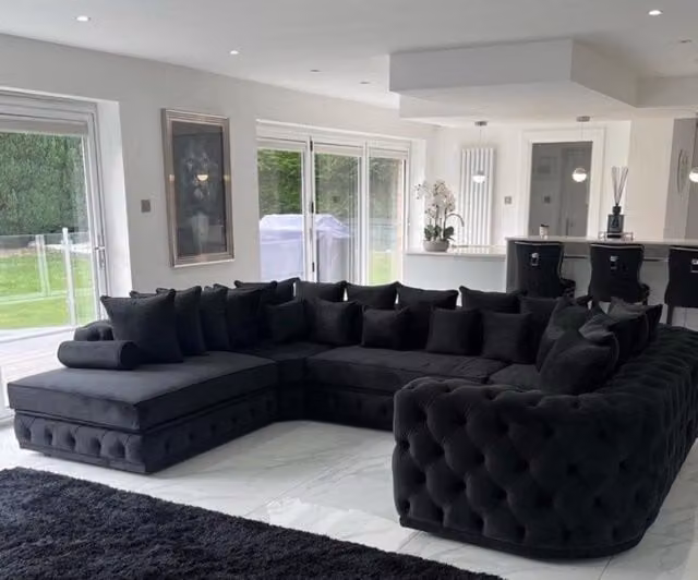 HOB Furniture Royal Surrey U Shape Velvet Chaise Sofa with Matching Ottoman and Scatter Cushions in Black