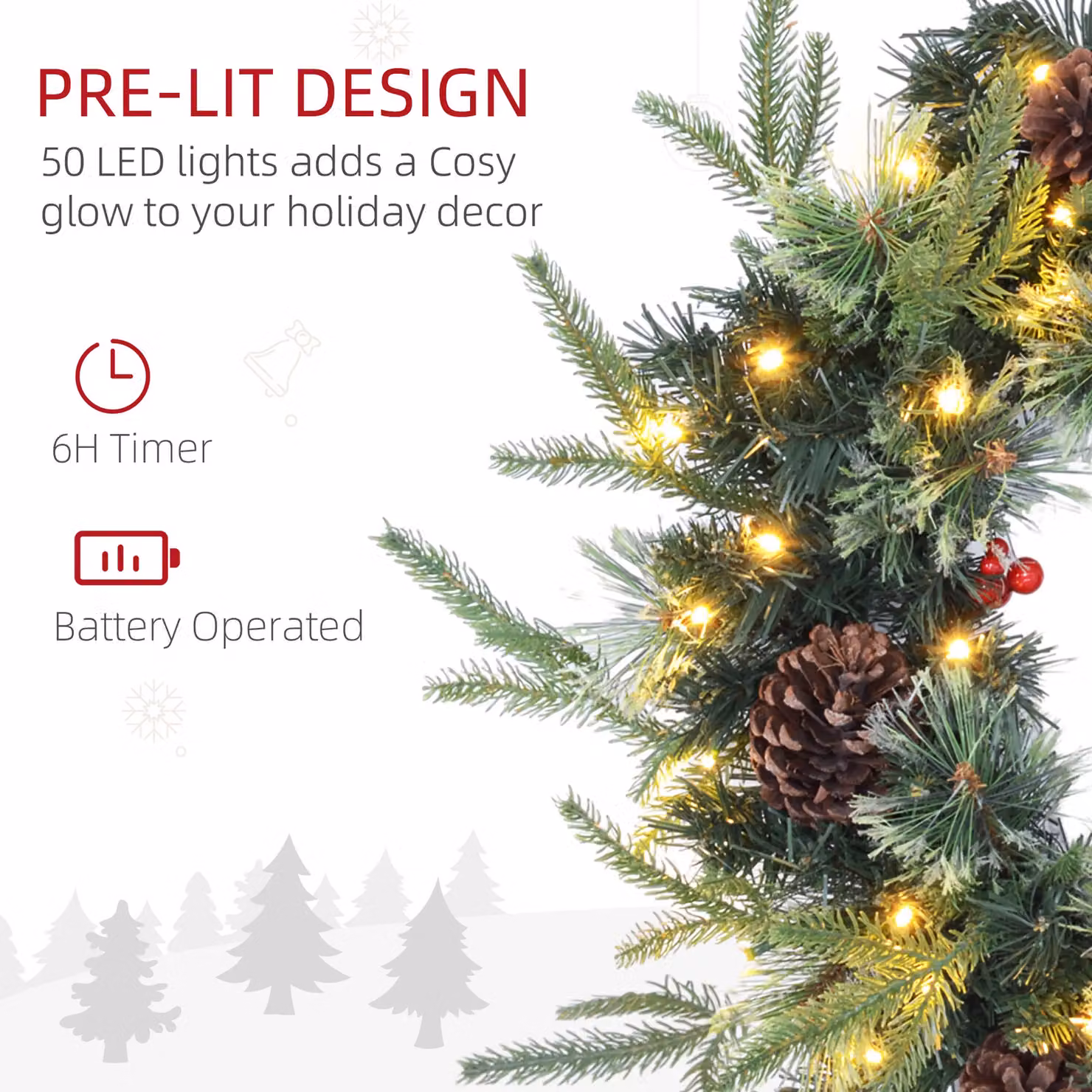 HOMCOM Christmas Wreath with LED Lights, Green and Red, Diameter: 60 cm – 3