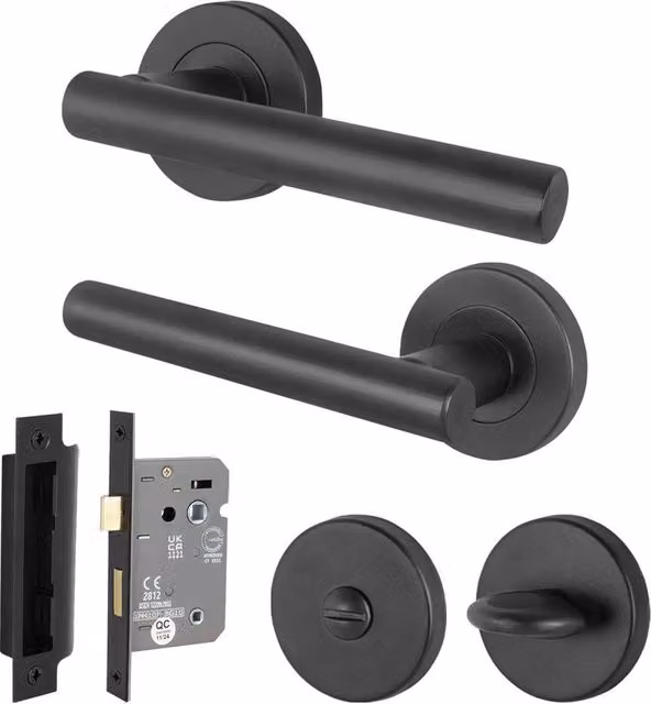 AFIT Black Round Rose Bathroom Door Handles with T-Bar Turn Release WC Lock