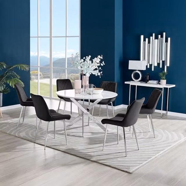 FurnitureboxUK Novara White High Gloss Round Dining Table with 6 Pesaro Silver and Black Chairs