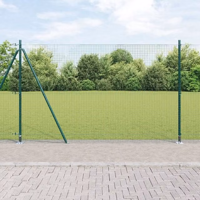 Berkfield Home Green Steel Welded Wire Fence with 7 Flanged Posts, W: 140 cm, L: 10 m