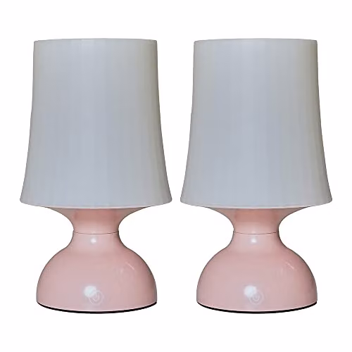 ValueLights MiniSun Set of 2 Pink Wireless LED Touch Table Lamps with White Cylinder Shades for Garden and Tabletop Use – 1