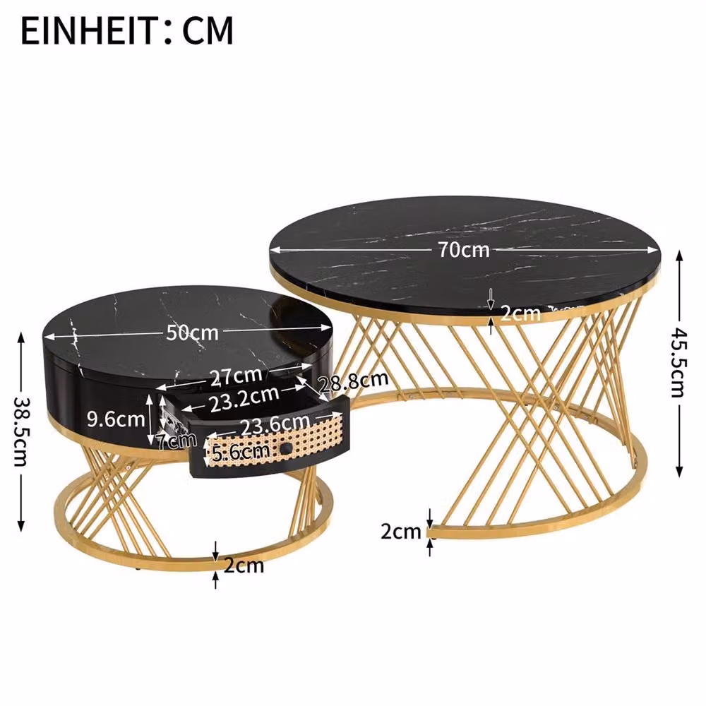 VOGREX Nesting Coffee and Side Table Set of 2 with Black Marble Tops and Gold Metal Frames, Round – 2