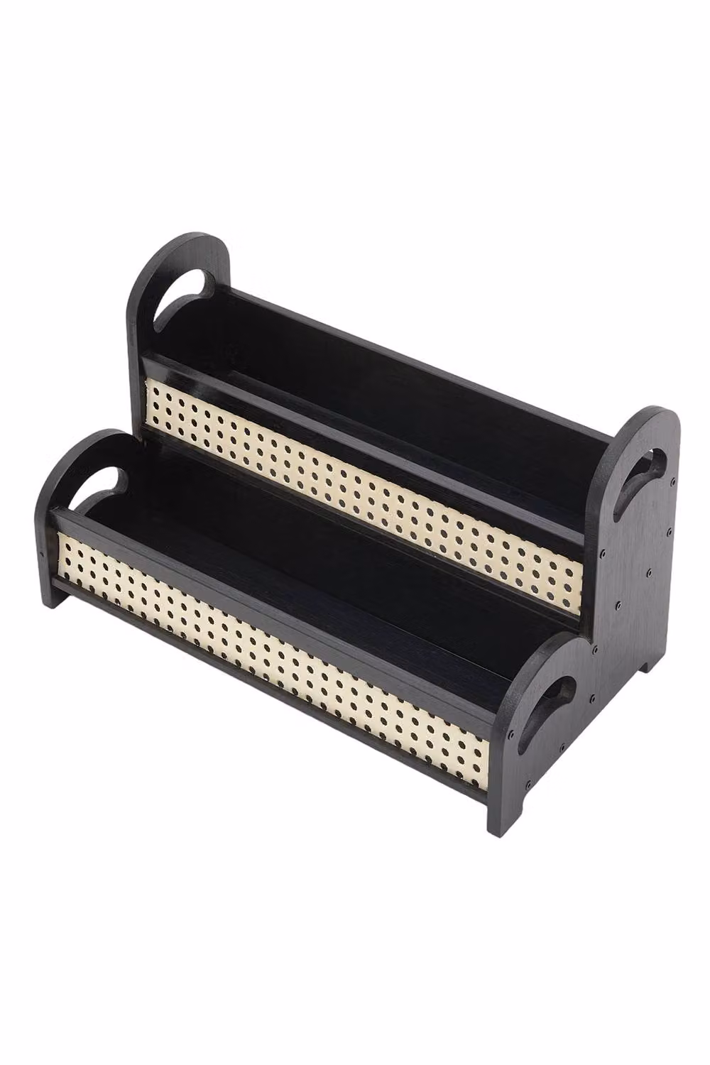 Living and Home 2-Tier Vintage Floral Tabletop Storage Organiser Display Shelf in Black with Rattan and Bamboo Details – 2