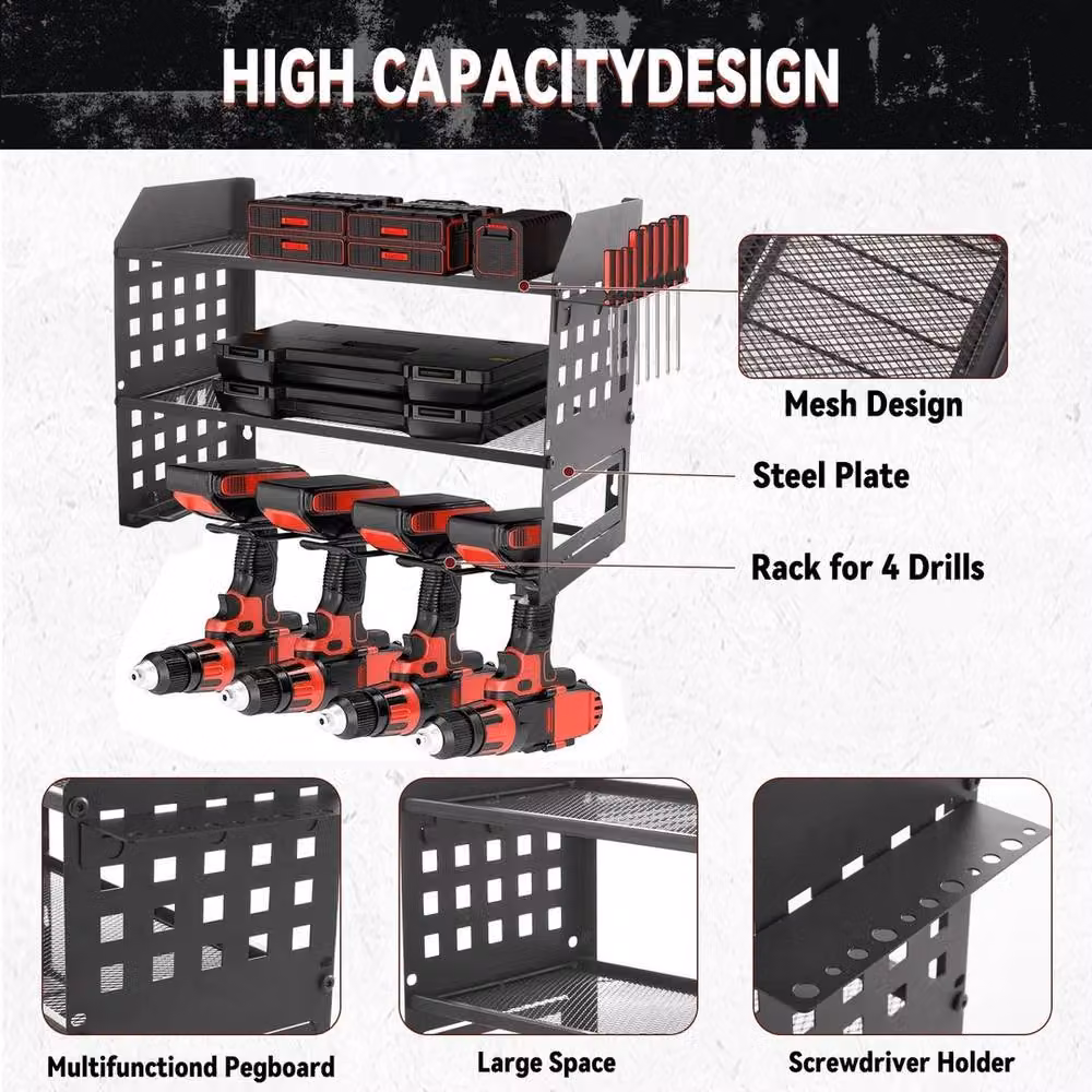 VOGREX Black and Red 3-Tier Wall Mounted Heavy Duty Stainless Steel Power Tool Storage Organizer – 2