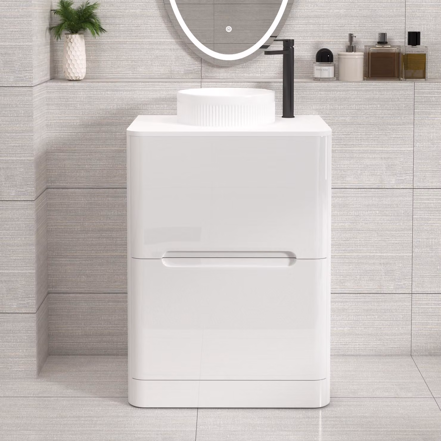 Royal Bathrooms Venice 600mm Gloss White Floor Standing Vanity Unit with 2 Drawers and Round Basin