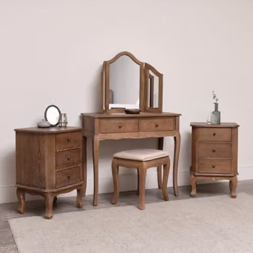 Melody Maison Ashwell Range Brown Wood Dressing Table with Triple Mirror, Stool and Two Bedside Tables