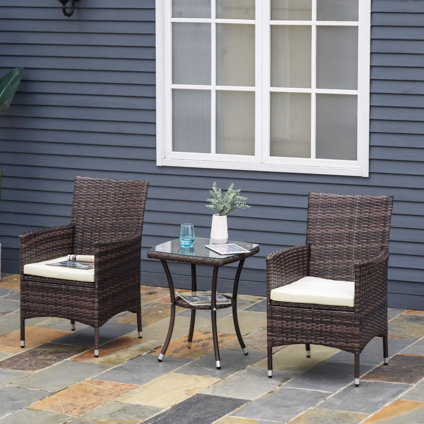Outsunny 3 Piece Rattan Bistro Set with Glass Top Table and 2 Chairs in Brown – 2