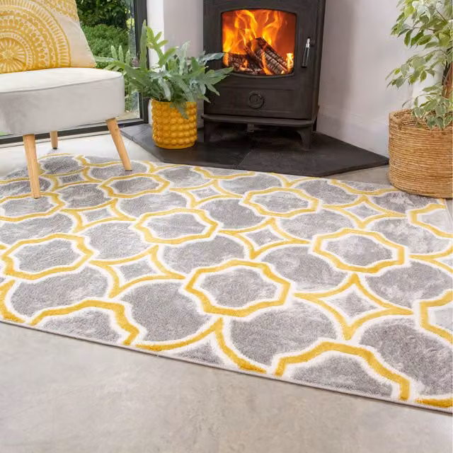 The Rug House Modern Geometric Rectangular Area Rug in Yellow and Grey, W: 170 cm, D: 120 cm