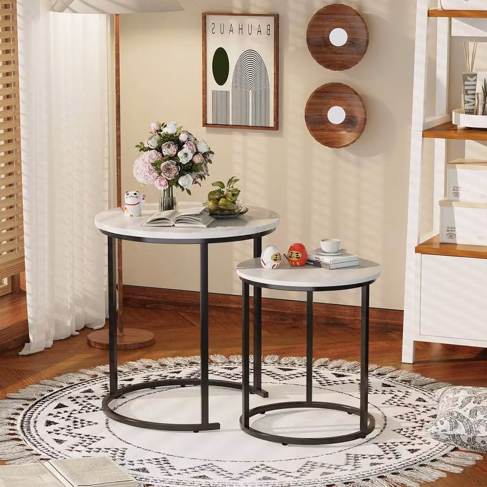 Huhote Set of 2 Round Nesting Coffee Tables with White Marble Finish Tops and Metal Frames – 5