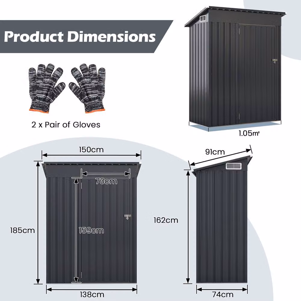 Gymax Pent Storage Shed and Tool House with Sloping Design in Dark Grey, Galvanised Steel Metal Frame – 3