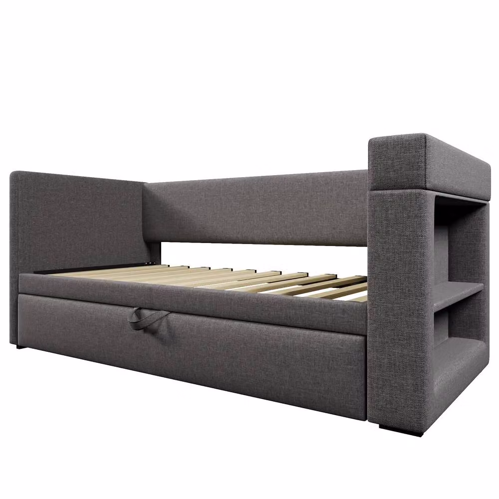 STILVORA Single Bed Frame with USB Charging Port and Side Compartments in Grey Fabric, W/D/H: 90 x 190 x 74 cm – 7