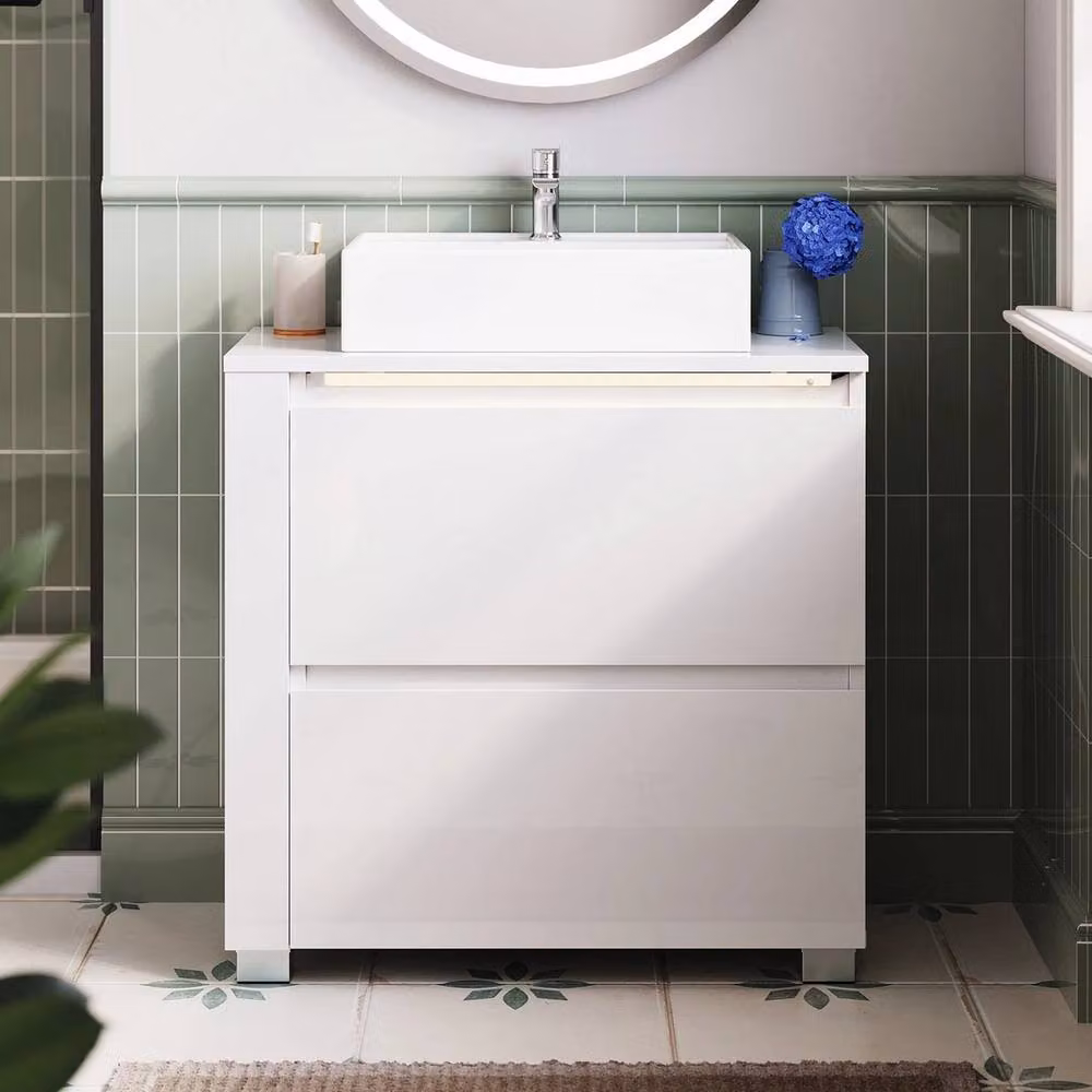 ERGOVEXA Modern Freestanding White Glossy Bathroom Vanity Unit with LED Lighting and Drawers – 2