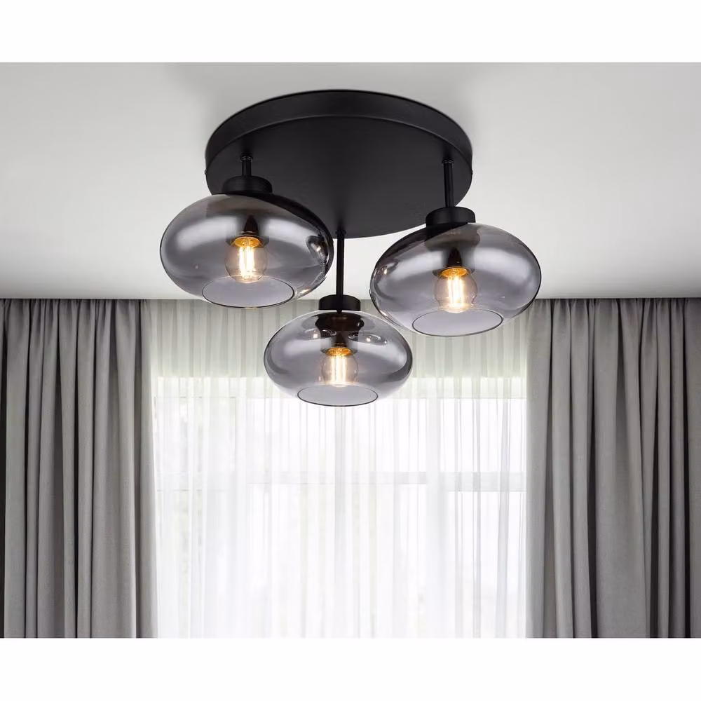 Globo Lighting Retro Smoked Glass Ceiling Light in Black with 3x E27 Sockets, Diameter: 40 cm, Height: 24 cm – 6