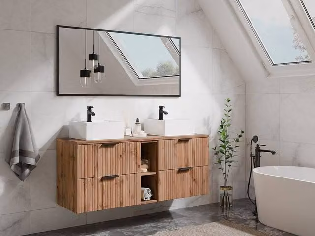 Vente-unique Suspended Striped Bathroom Vanity Unit with Niches and Double Square in Light Oak, W/D/H: 140 x 46 x 57 cm – 1