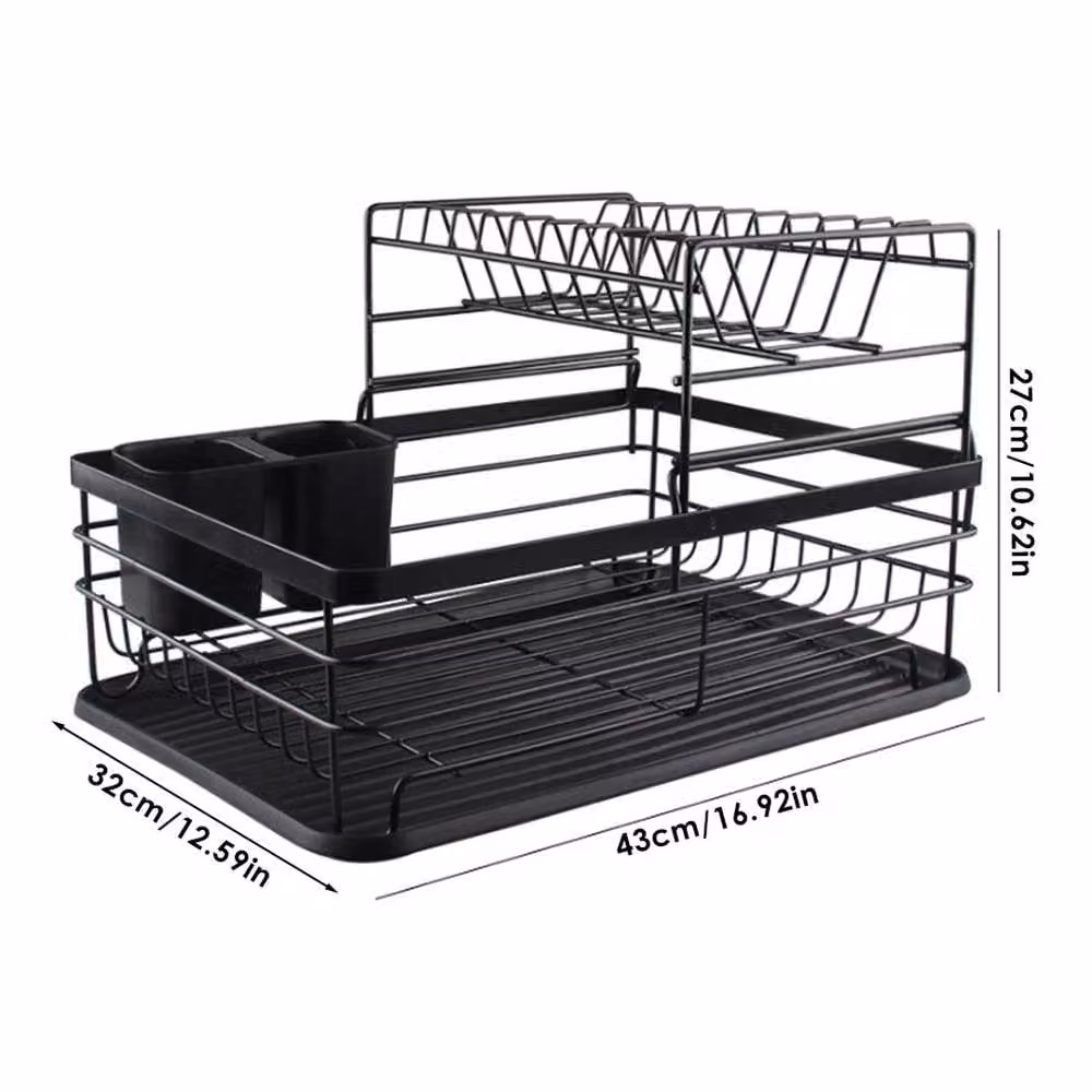FORGEVIO 2-Tier Black Dish Drainer with Cutlery Holder and Drip Tray – 3