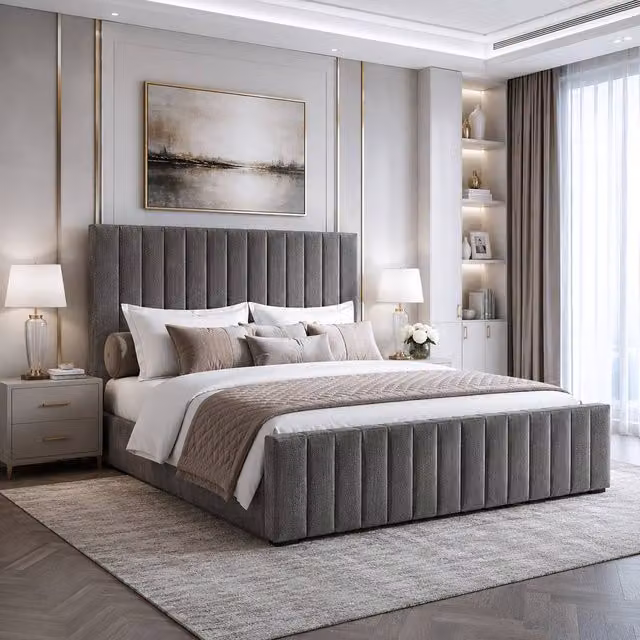 Harmin Luxury King Ottoman Storage Bed Frame in Dark Grey Fabric, W/D/H: 150 x 200 x 126 cm – 1