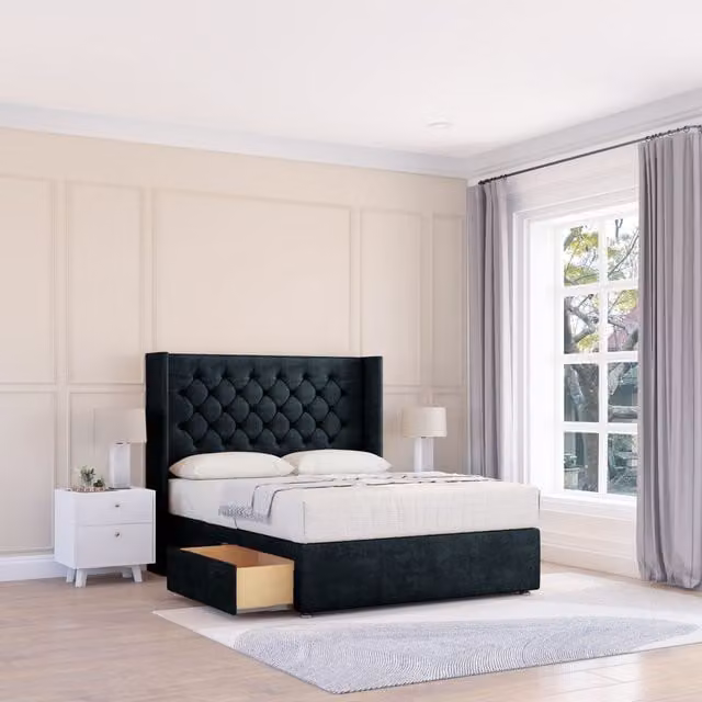 Sloomy Dior Naples Wingback Bed Set in Black Velvet with 2 Drawers and Floor Standing Headboard, W/D/H: 200 x 200 cm
