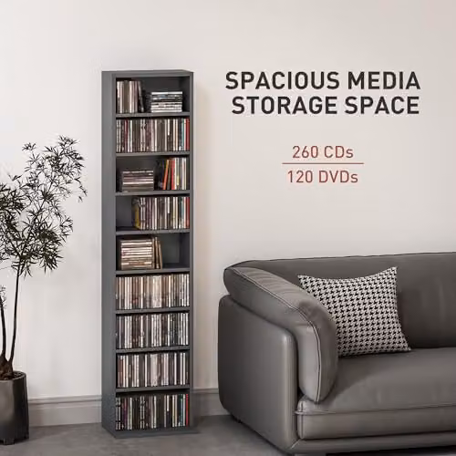 HOMCOM Grey Media Storage Unit with 9 Compartments and Adjustable Shelves, H 140 x W 33 x D 24 cm – 3