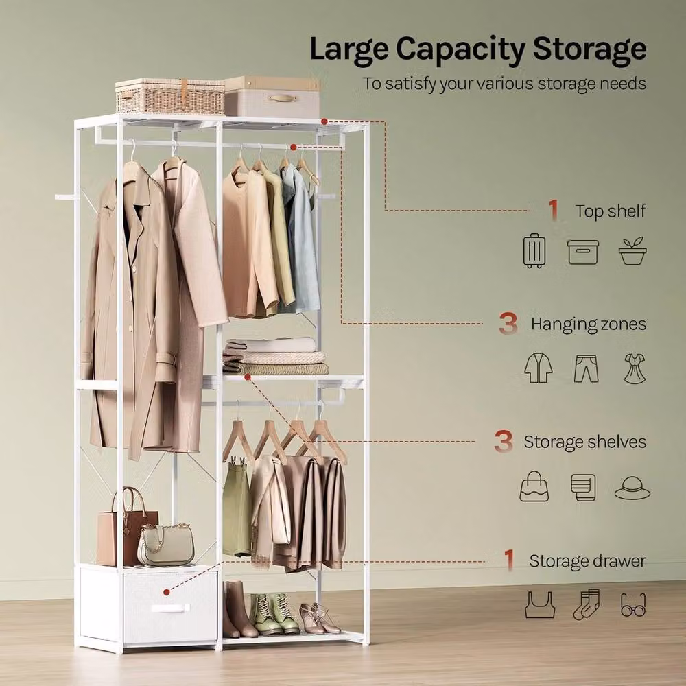 FORGEVIO White Freestanding Metal Clothes Rack and Open Wardrobe – 2