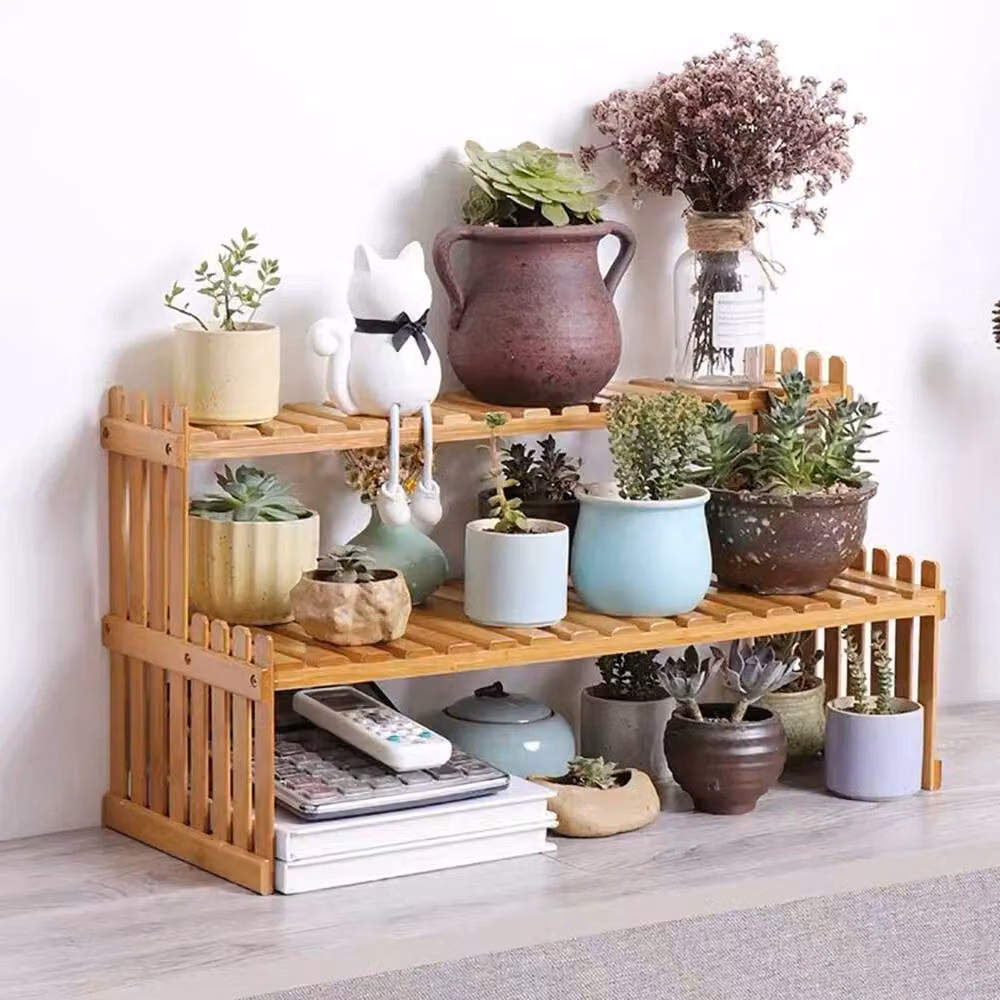 FLAVORA 2 Tier Wooden Slatted Desktop Plant Stand in Brown – 2