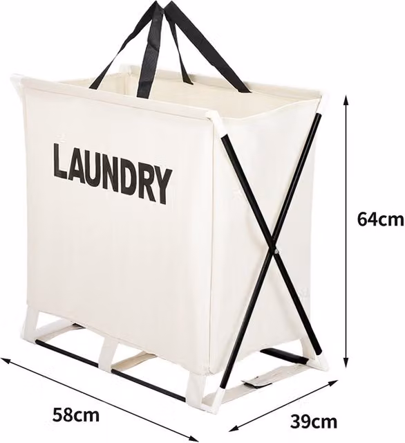 Livingandhome Collapsible Fabric Laundry Basket with Handles, Beige and White, W/D/H: 64.0 x 58.0 x 42.1 cm