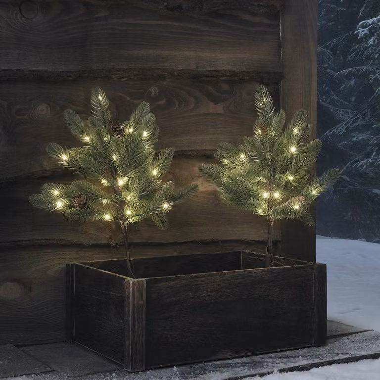 Lights4fun Set of 2 Outdoor Christmas Tree Stake Lights with 50 Warm White LEDs, Battery Operated with Timer, White and Green