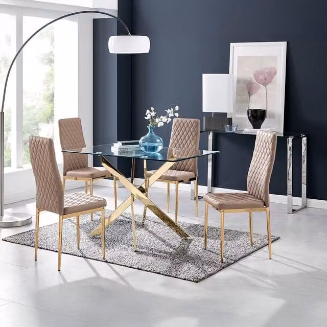 FurnitureboxUK Leonardo Dining Table and Four Milan Chairs Set in Brown with Glass Top