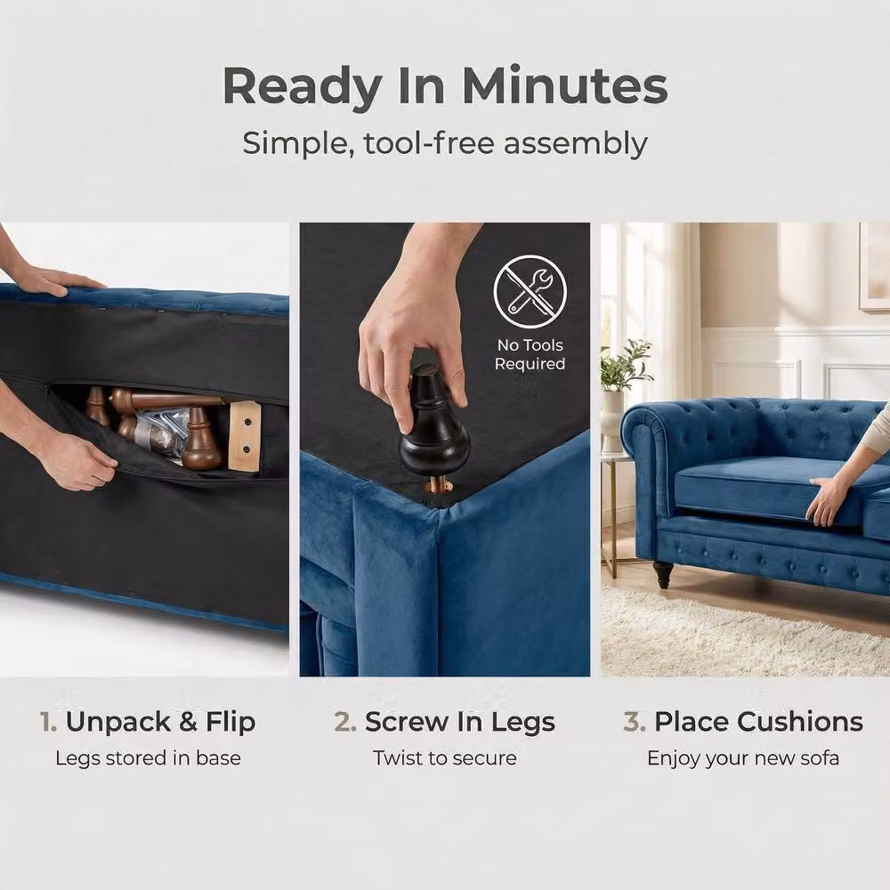 Bravich LTD Chesterfield Scroll Arm Velvet Sofa Set in Navy Blue, 2 Pack – 7