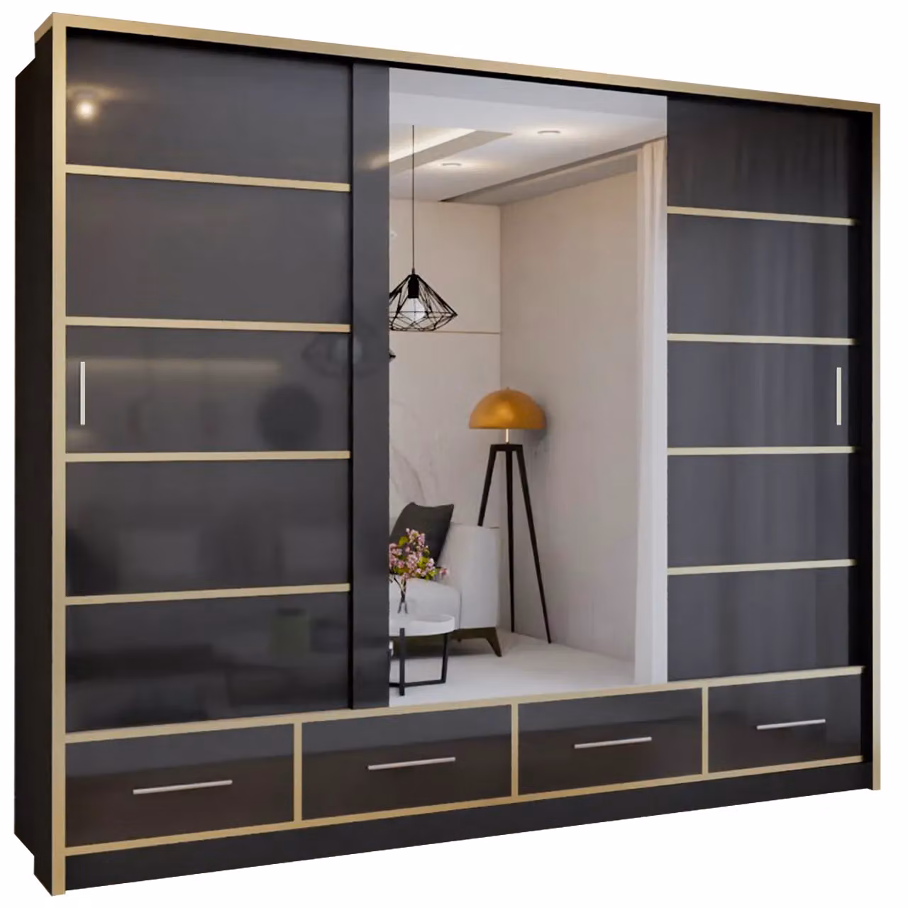Sliding Wardrobes 4U Modern High Gloss Sliding Wardrobe with Integrated LED Light, Black, W: 253 cm, H: 220 cm – 2
