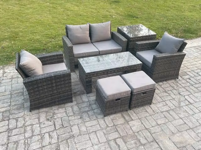 Fimous 6 Seater Outdoor Rattan Garden Furniture Set in Dark Grey with Coffee Table, Side Table, and 2 Footstools