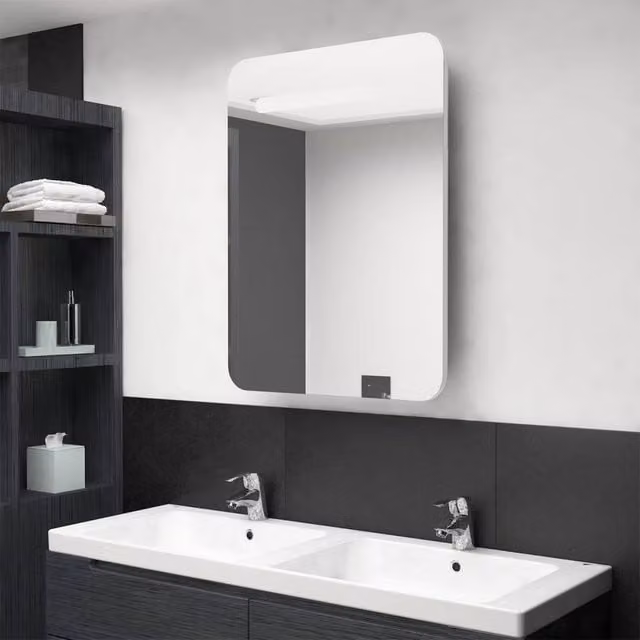 Berkfield Home LED Bathroom Mirror Cabinet in Glossy White, W/D/H: 60 x 11 x 80 cm