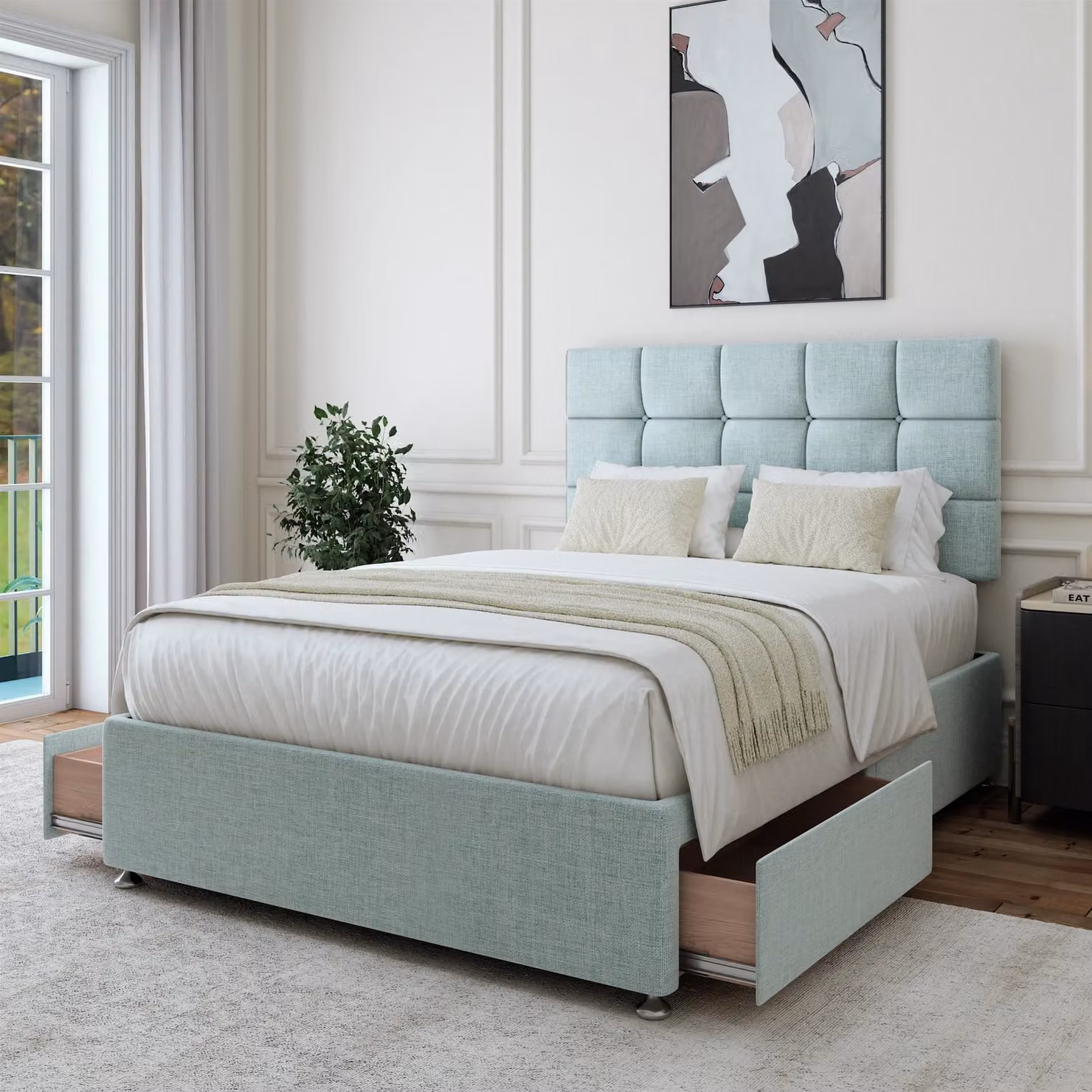 Bedmaster Small Double Upholstered Divan Base with 2 Drawers and Square Headboard in Brown, W/D/H: 120 x 200 cm
