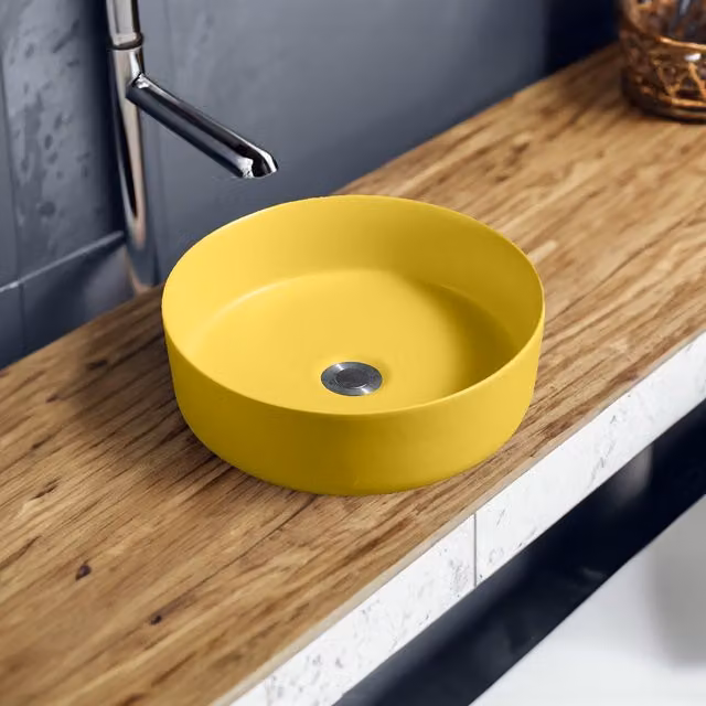 Limoge 7844 Ceramic Round Countertop Basin in Yellow, Diameter: 35 cm, Height: 12 cm