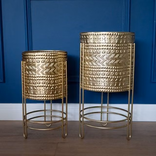 Madison & Mayfair Gold Embossed Metal Tabletop Planter with Stand