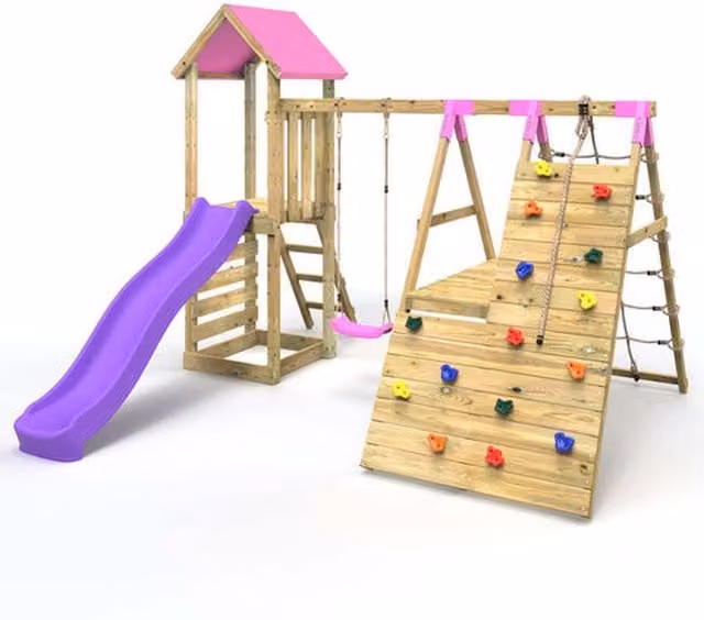 Rebo Wooden Climbing Frame with Slide and Swing in Alverstone Pink, W: 355 cm, H: 271 cm