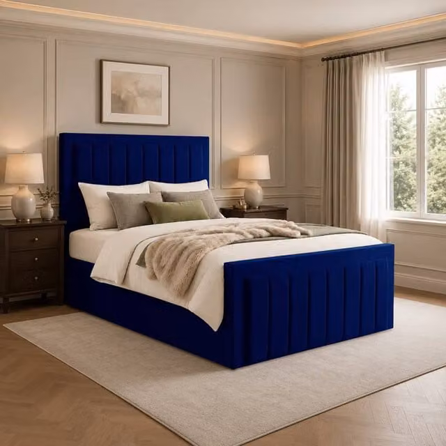 Desire Deco Lucia Ottoman Storage Bed Frame in Blue Plush Velvet, Small Double, W/D/H: 120 x 200 cm