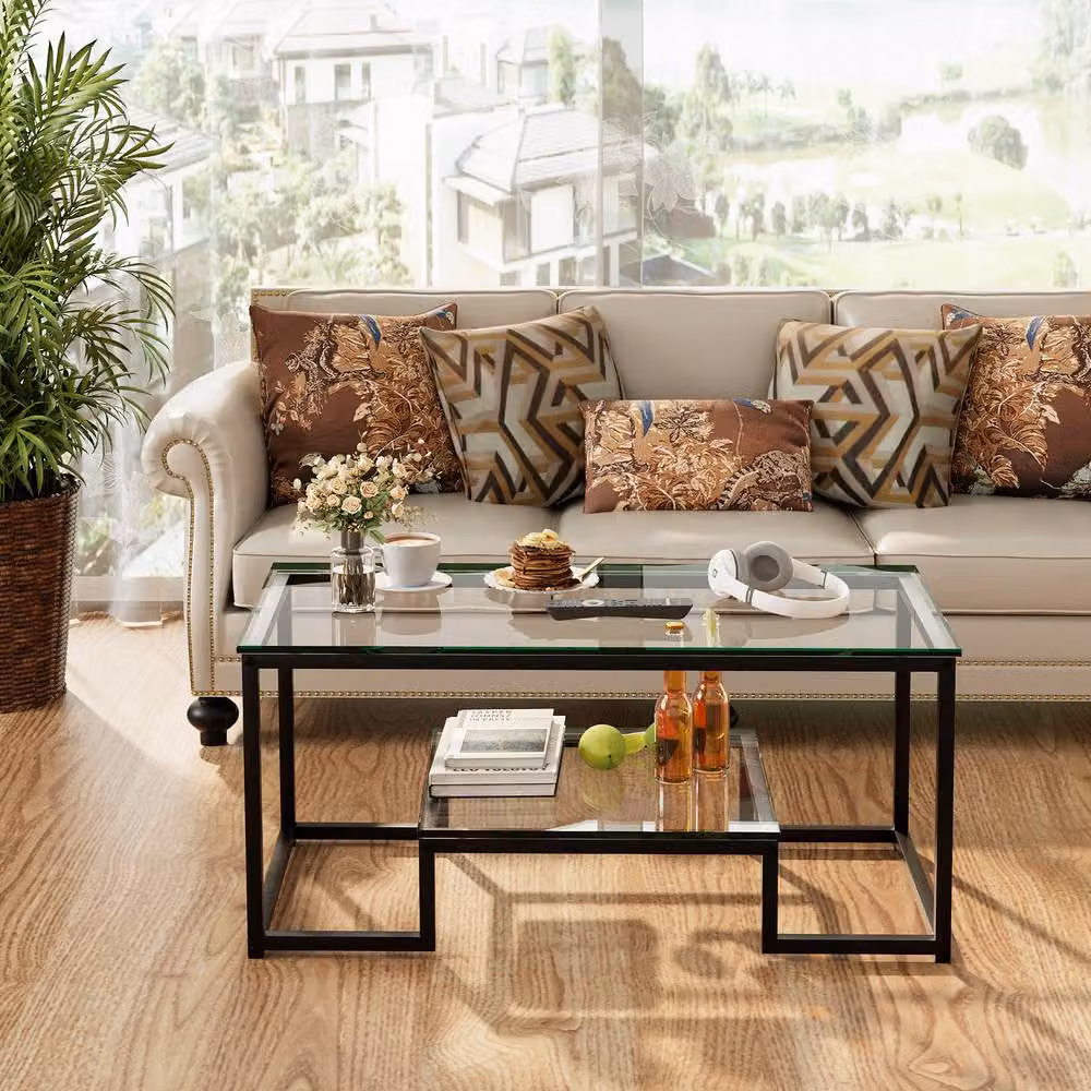Huhote Modern Rectangular Glass Coffee Table with Black Metal Frame – 3