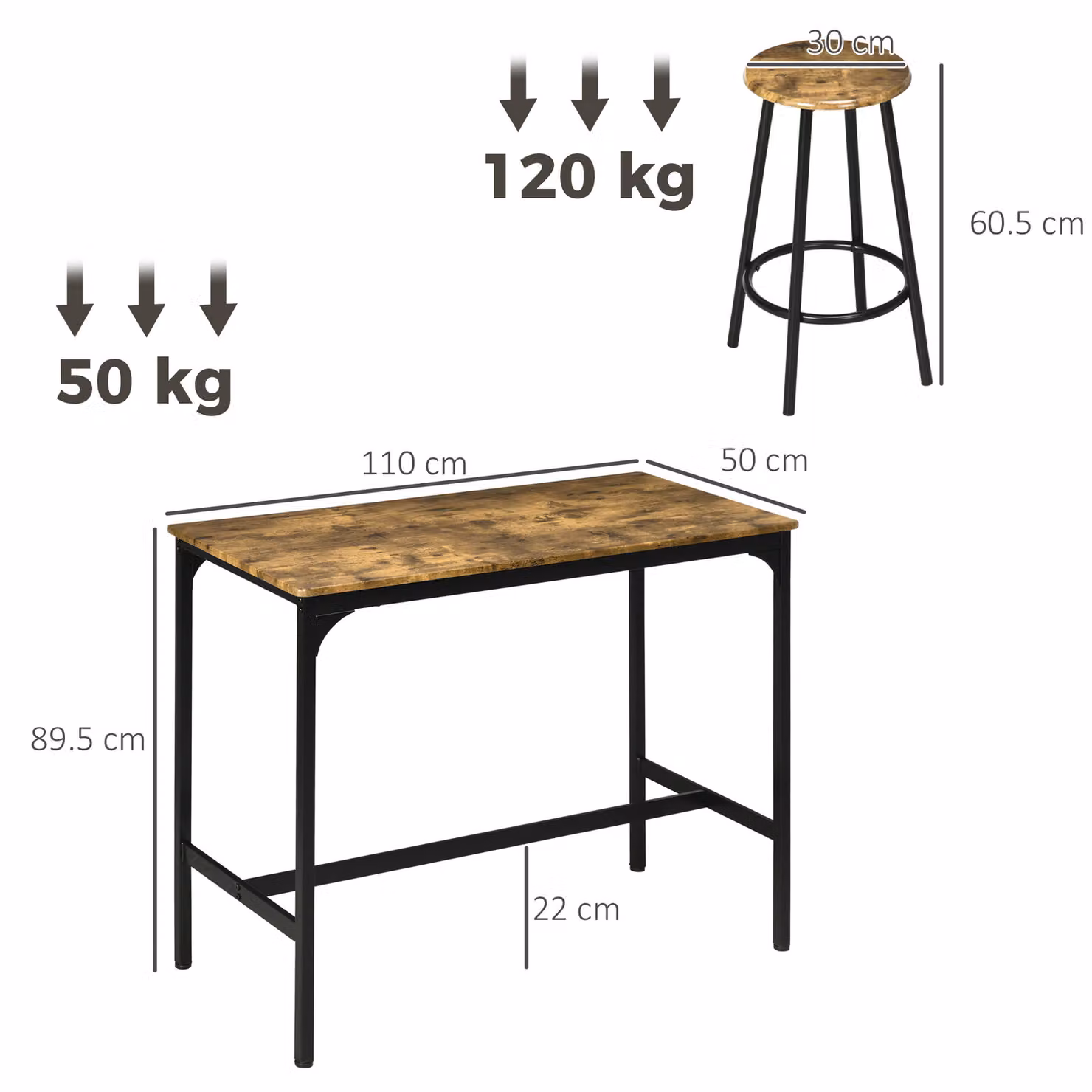 HOMCOM Five-Piece Industrial-Style Bar Table and Chair Set in Brown and Black – 3