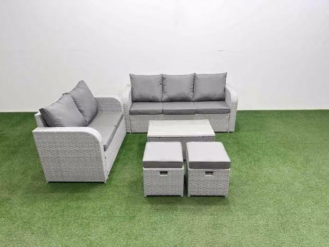 Fimous 7 Seater Grey PE Rattan Wicker Garden Furniture Set with 3 Seater Sofa, Love Sofa, 2 Stools and Rectangular Coffee Table