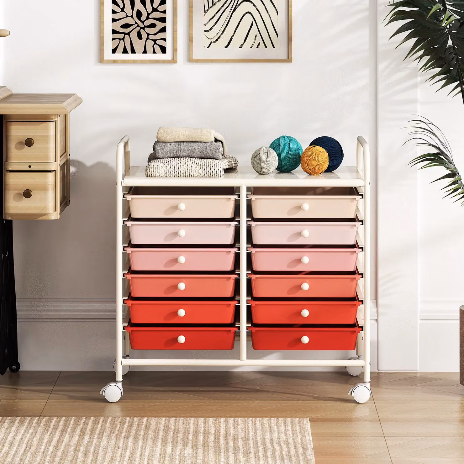 Gymax 12-Drawer Multi-Purpose Utility Rolling Storage Cart with Handles in Pink – 4