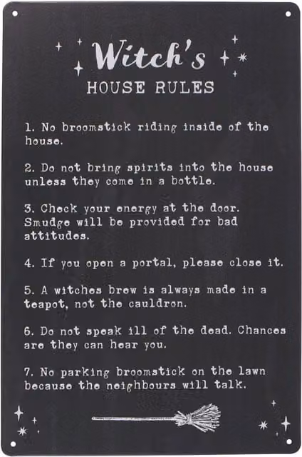 Kingsbury Gifts Witch's House Rules Metal Wall Sign in Black and White